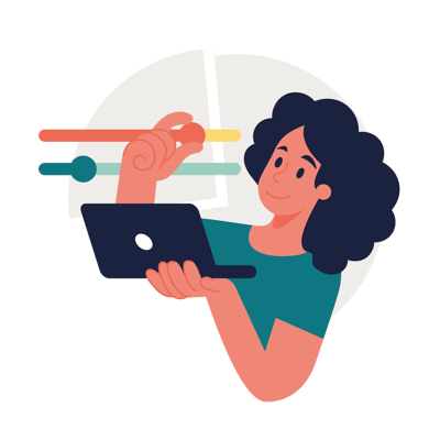 Illustrasjon av person som jobber på laptop med grafer i bakgrunnen Illustrasjon av person som jobber på laptop med grafer i bakgrunnen