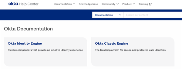 Ulike seksjoner for Okta Identity og Classic Engine