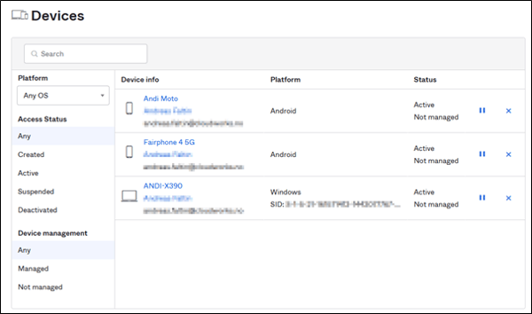 Example of a device context page for one user