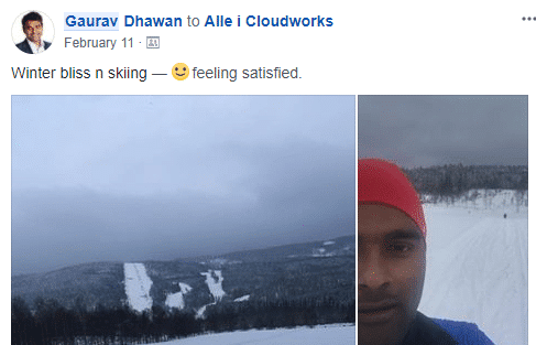 Gaurav-Dhawan-sin-post-om-ski-på-Cloudworks-Workplace-by-Facebook