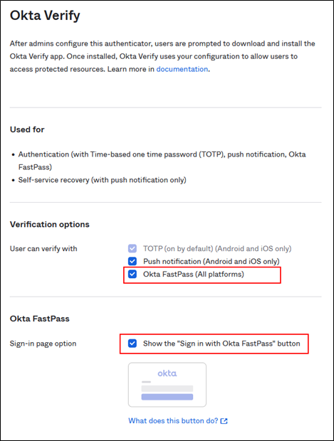 Okta Verify configured for FastPass